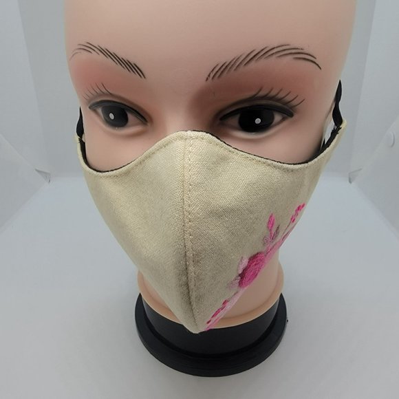 New Face cover ear loop Cream Mask Women's Embroidered handmade Pink flowers - Picture 2 of 6